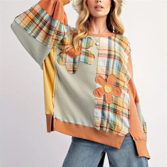 Postcard Loose Fit Floral & Plaid Patchwork Sweatshirt Pullover - Picture 2 of 6